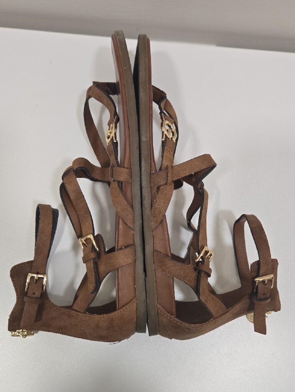 G by Guess Brown Strappy Gladiator Sandals with Gold Accent - Picture 6 of 12